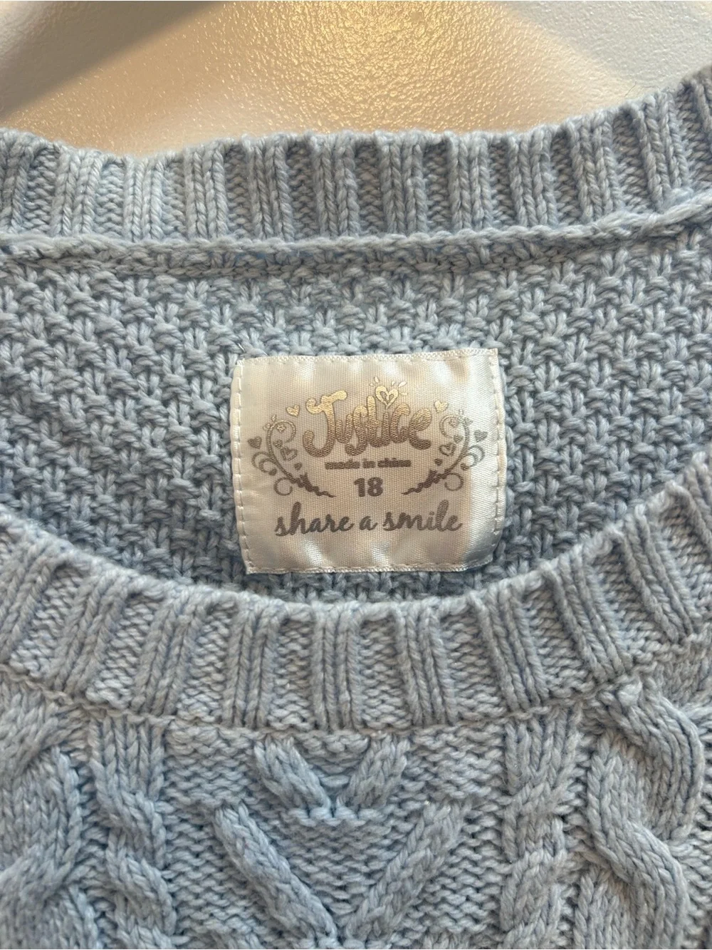 Justice Light Blue Cable Knit Crewneck Sweater